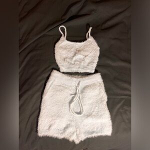 MESHKI Fluffy Knit Lounge Set - Light Blue Crop Top & Shorts (Size XS/S)